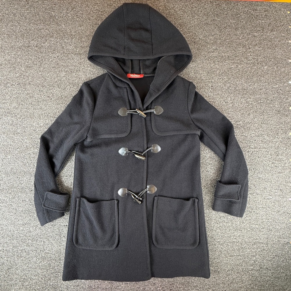 Max Mara Studio Black Textured Knit Hooded Toggle Duffle Coat Womens